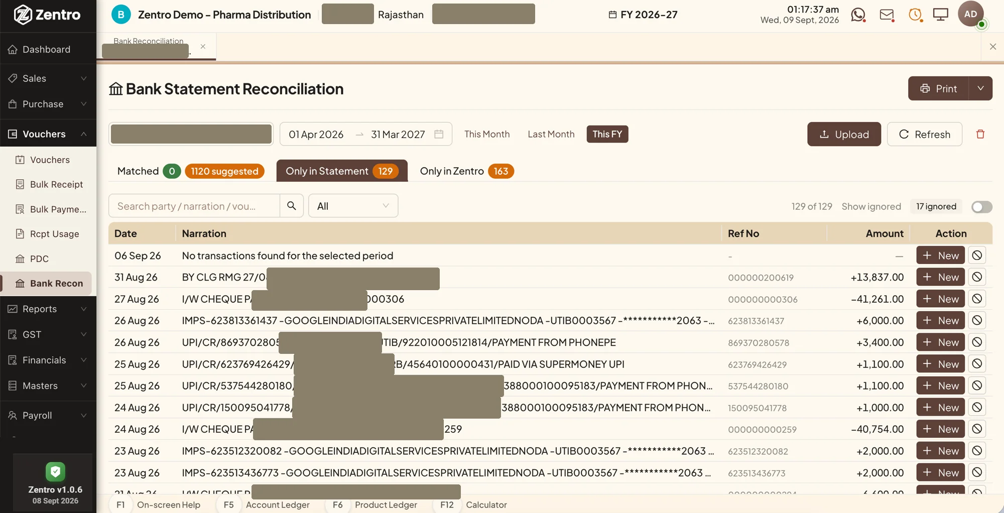 Zentro ERP bank reconciliation screen